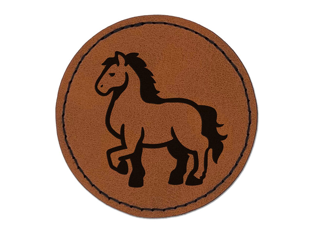 Majestic Standing Horse Round Iron-On Engraved Faux Leather Patch Applique - 2.5"